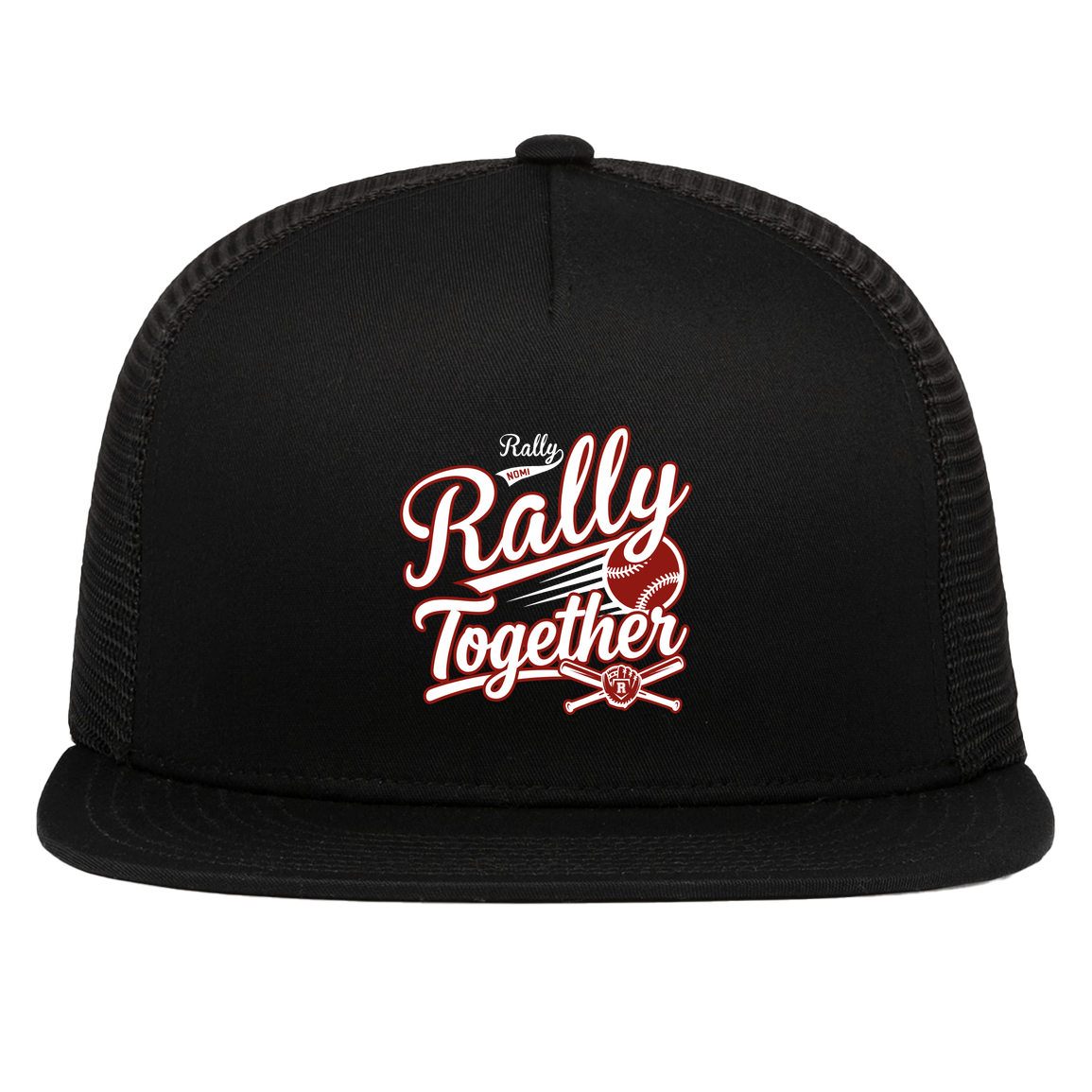 rally-softball-rally-together-white-pacific-headwear-d-series-5-panel-trucker-snapback-cap — Black — Front — source sha256 84e4d7ff05923f765d03a4179a6092ba26eebde19520eac18cbb84628eb708fe — Color position 1