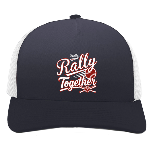 rally-softball-rally-together-white-pacific-headwear-5-panel-trucker-snapback-cap — Navy/White — Front — source sha256 8ff08ca38621b7cd4b4c2dbf8d7970d73951c3ee4e394e1c1f371514d56c4481 — Color position 1