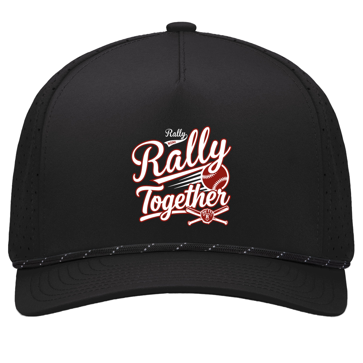 rally-softball-rally-together-white-pacific-headwear-weekender-perforated-snapback-cap — Black/Black — Front — source sha256 99a98eb0fbd2986464dd99706705f7588b02ab793a9de8150bf7aff8edf640c5 — Color position 1