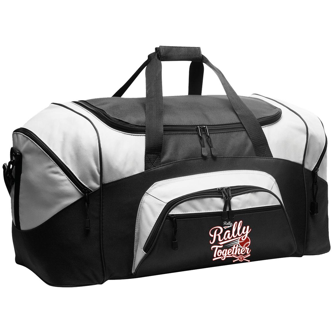 rally-softball-rally-together-white-port-company-sport-duffel — Black/Gray — Front — source sha256 bc568a4d58b24061e3eedee72ce5552fa0ac32469aa55fce838b395dc337945e — Color position 1