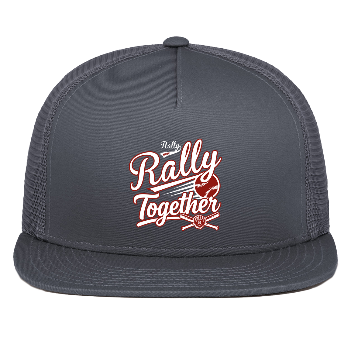 rally-softball-rally-together-white-pacific-headwear-d-series-5-panel-trucker-snapback-cap — Graphite — Front — source sha256 bc7c670913254839756f26b819b314008d9b0ccdeb5aa24eb864cea527c8737b — Color position 3