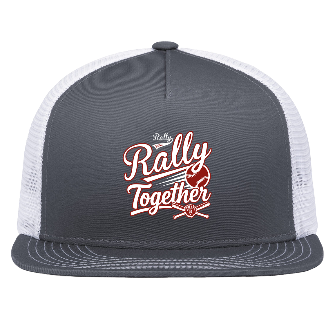 rally-softball-rally-together-white-pacific-headwear-d-series-5-panel-trucker-snapback-cap — Graphite/White — Front — source sha256 cd6e7aec9efea5ccd572bc5253639b2024254d159e03e69c53d7440c42597ecf — Color position 4