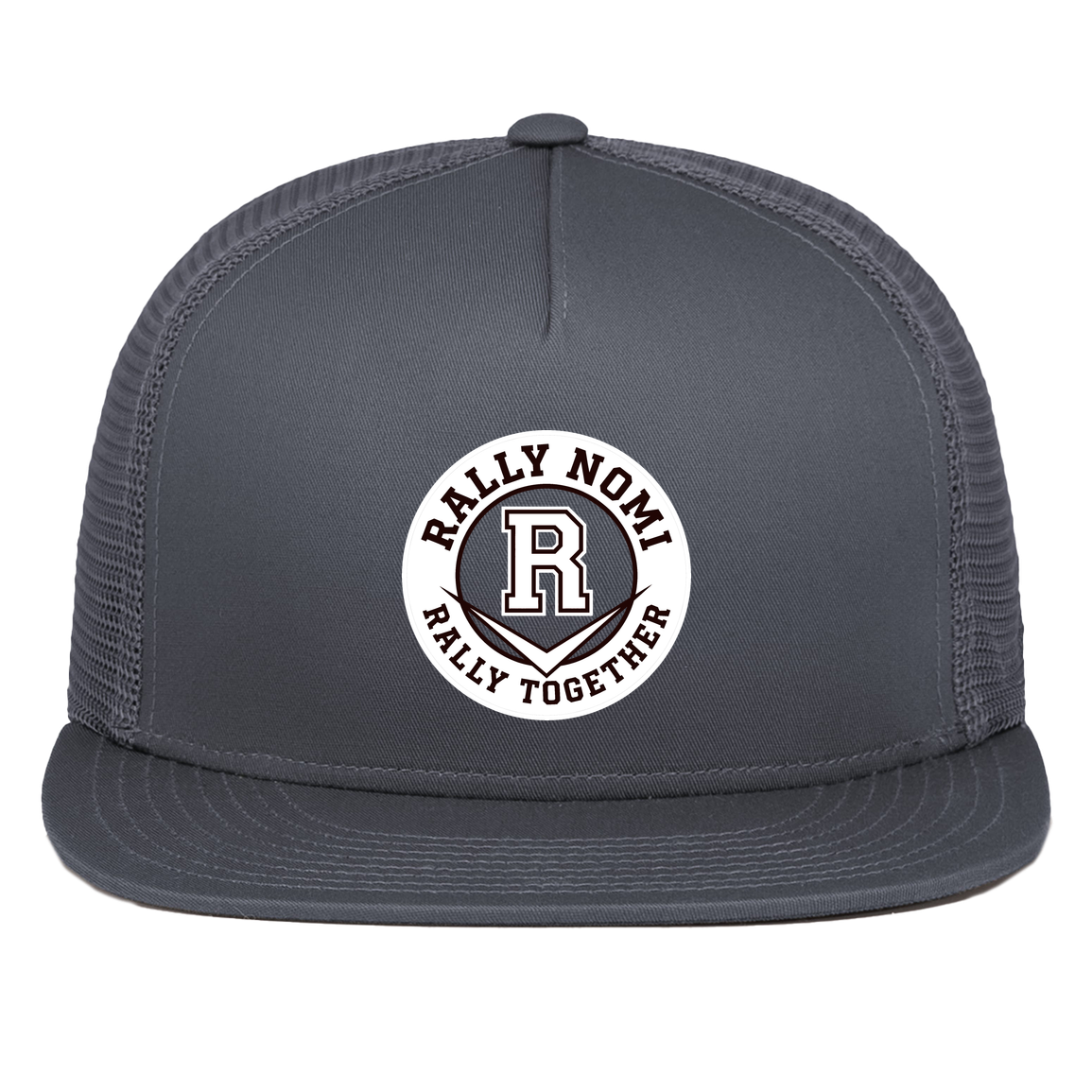 rally-softball-rally-together-circle-white-pacific-headwear-d-series-5-panel-trucker-snapback-cap — Graphite — Front — source sha256 1f917768b43bc383785353c11692759e874c773ec9b7618d6e4e50d0375f5942 — Color position 3