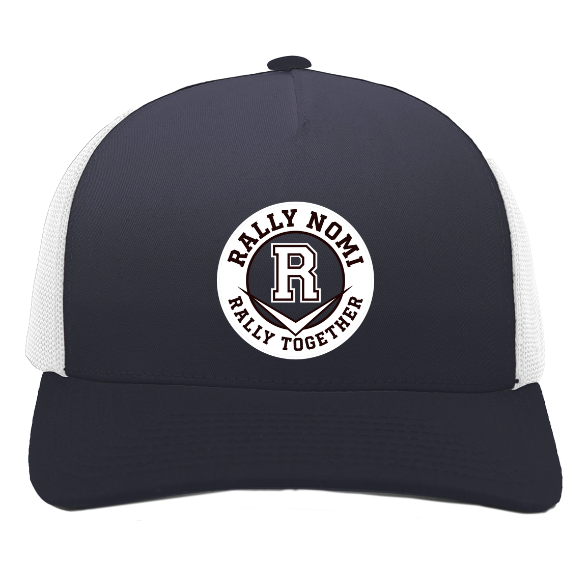 rally-softball-rally-together-circle-white-pacific-headwear-5-panel-trucker-snapback-cap — Navy/White — Front — source sha256 319bbc3c9bb1167b306c5cf7541776eb54ca272d4e13cb31f676999067fe88aa — Color position 1