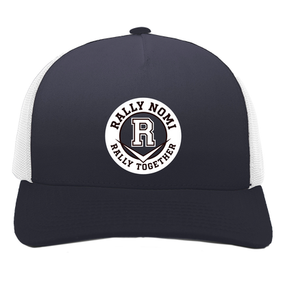 rally-softball-rally-together-circle-white-pacific-headwear-5-panel-trucker-snapback-cap — Navy/White — Front — source sha256 319bbc3c9bb1167b306c5cf7541776eb54ca272d4e13cb31f676999067fe88aa — Color position 1