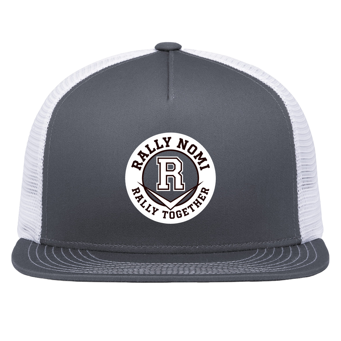rally-softball-rally-together-circle-white-pacific-headwear-d-series-5-panel-trucker-snapback-cap — Graphite/White — Front — source sha256 4b04cbd9c72c5bc1c01e5b2d192dc316ff717b7a52f2e74cd72d0fdfc9890650 — Color position 4