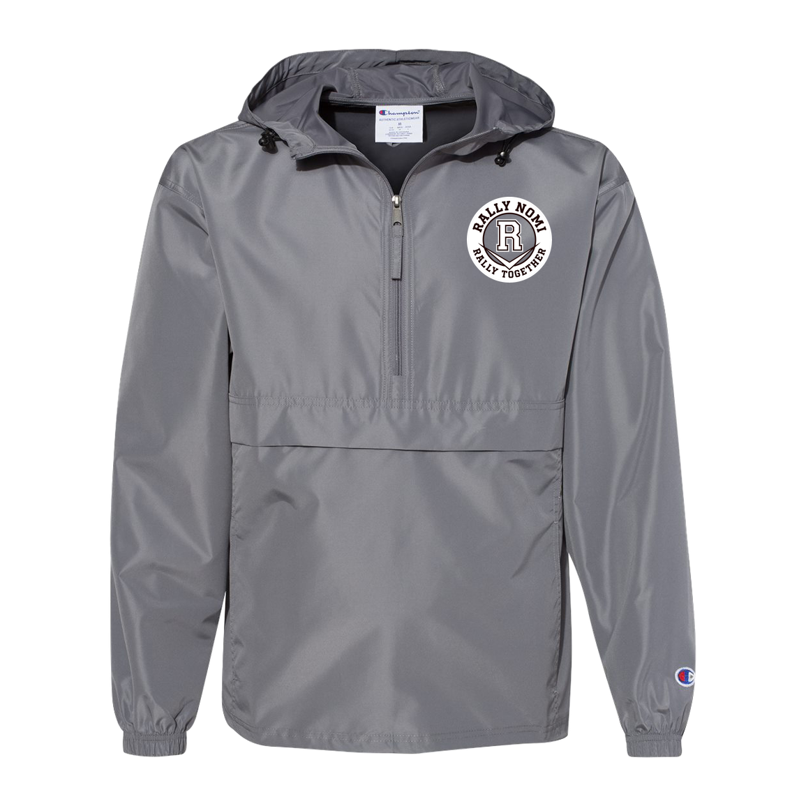 rally-softball-rally-together-circle-white-champion-unisex-packable-anorak-jacket — Graphite — Front — source sha256 54e3f026940886fab9acd9959bfa7aa876bb8891045c226b189b35beaf8a2f29 — Color position 2