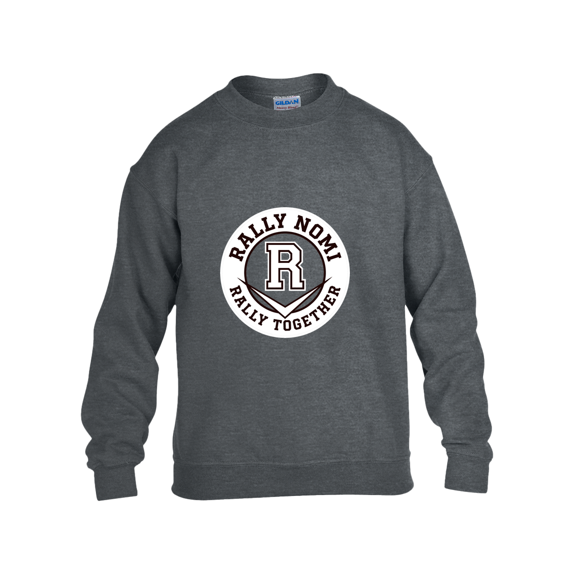 rally-softball-rally-together-circle-white-gildan-kids-heavy-blend-fleece-crew — Dark Heather — Front — source sha256 5f6a55c5c64701ee44d365f97259e6c592a600c1df7a254e0a632290d251814e — Color position 2