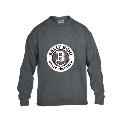 rally-softball-rally-together-circle-white-gildan-kids-heavy-blend-fleece-crew — Dark Heather — Front — source sha256 5f6a55c5c64701ee44d365f97259e6c592a600c1df7a254e0a632290d251814e — Color position 2