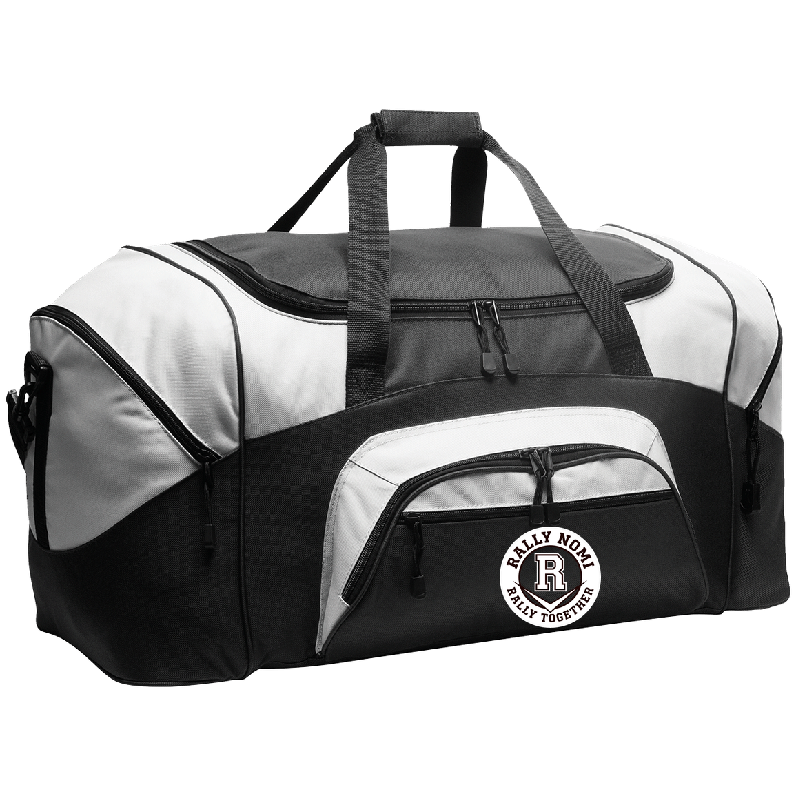 rally-softball-rally-together-circle-white-port-company-sport-duffel — Black/Gray — Front — source sha256 775708736b73e8cbd74f8165cf091fa646bfc18721556eae01af6db25e20a8ce — Color position 1