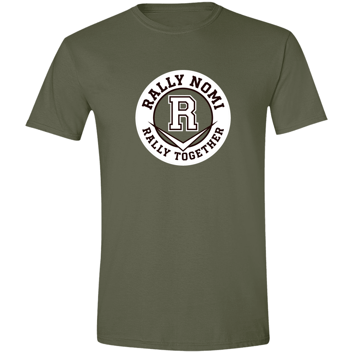 rally-softball-rally-together-circle-white-gildan-mens-softstyle-tee — Military Green — Front — source sha256 7c321a568ce8de003402d8a3f5a9cb52489706fc8361b0fd74bbf958f7dfb594 — Color position 1