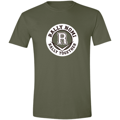 rally-softball-rally-together-circle-white-gildan-mens-softstyle-tee — Military Green — Front — source sha256 7c321a568ce8de003402d8a3f5a9cb52489706fc8361b0fd74bbf958f7dfb594 — Color position 1