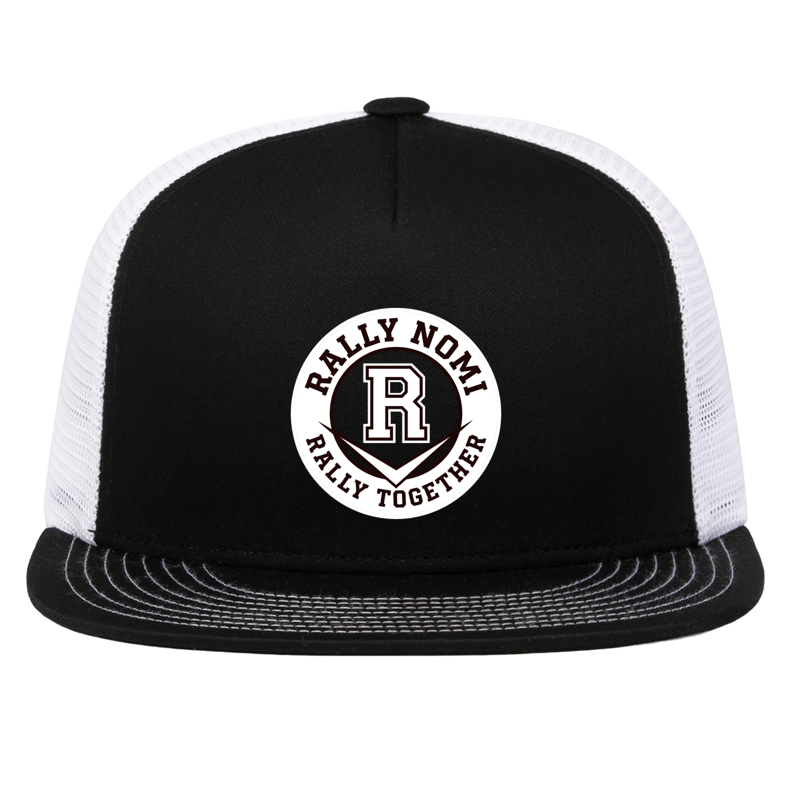 rally-softball-rally-together-circle-white-pacific-headwear-d-series-5-panel-trucker-snapback-cap — Black/White — Front — source sha256 808c65571d1335e022f7d8dcd92aefcb675eaaae5e568a0a26530f0bbb825892 — Color position 2