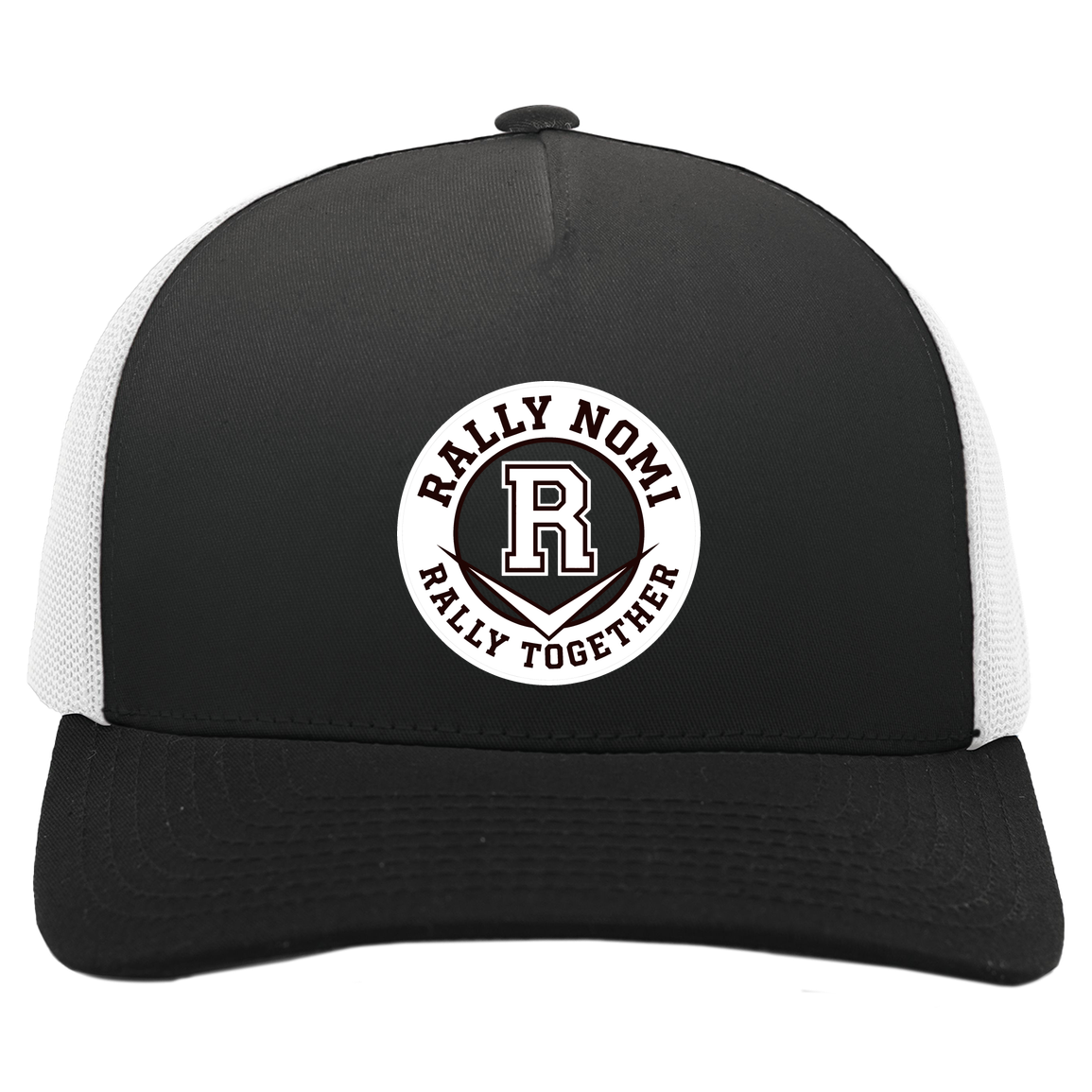 rally-softball-rally-together-circle-white-pacific-headwear-5-panel-trucker-snapback-cap — Black/White — Front — source sha256 84252f3aa114f74c8aabc9bcde37325f4a8695f9993b0d20e26346d2ba95eb5f — Color position 3