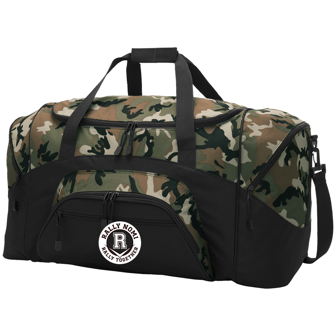 rally-softball-rally-together-circle-white-port-company-sport-duffel — Black/Camouflage — Front — source sha256 b7be38c949e21112cccf53460f9de6febf03d4ff35a36660e2a47f69437d1b83 — Color position 3