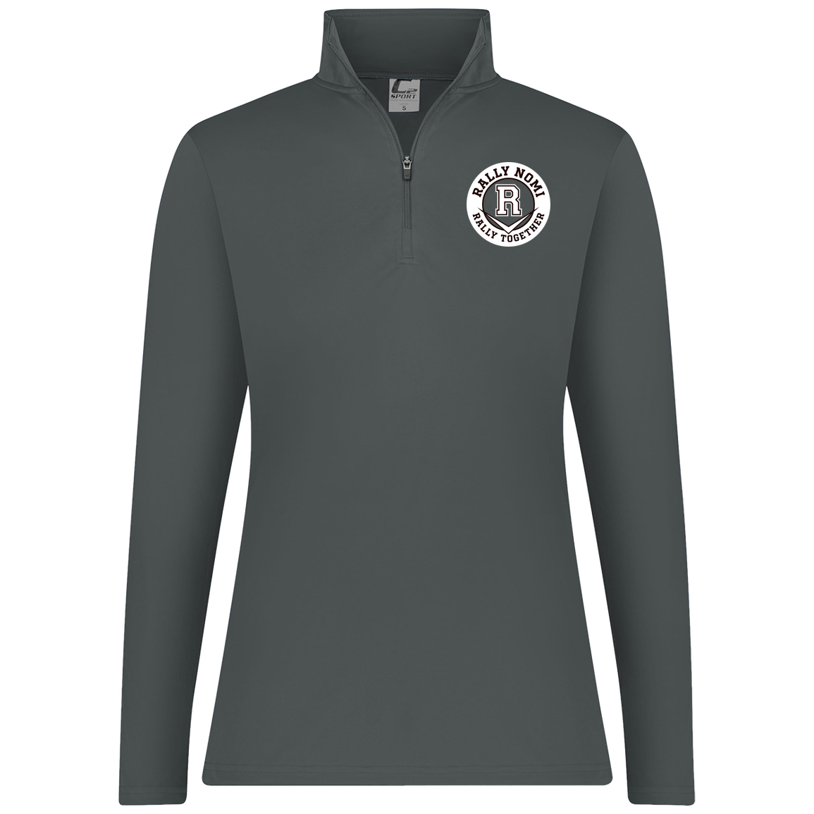 rally-softball-rally-together-circle-white-c2-womens-1-4-zip-pullover — Graphite — Front — source sha256 c60239ce43f2a7461f398a82749ca844390e815a44b2e70644495f2c5368d903 — Color position 2
