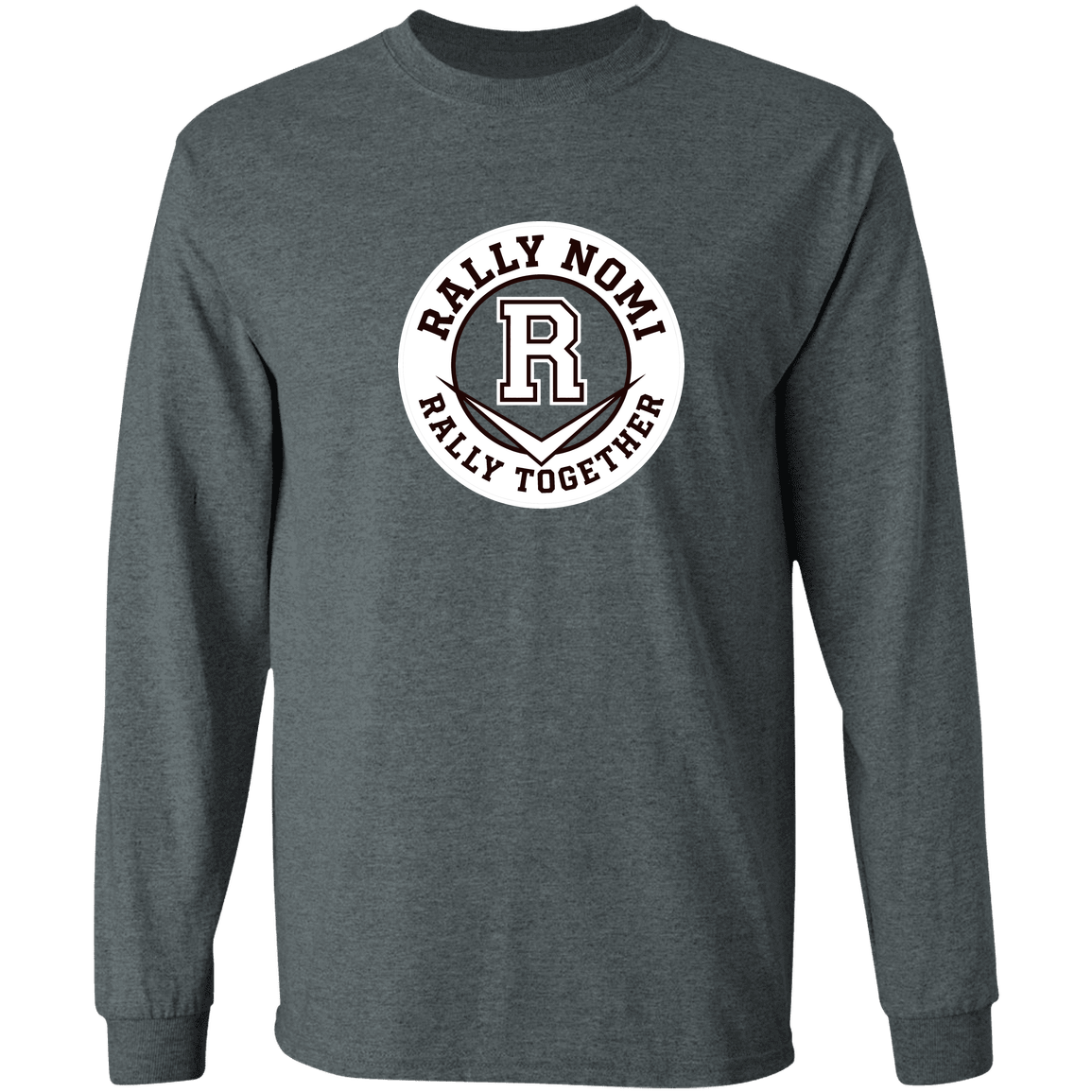 rally-softball-rally-together-circle-white-gildan-ls-t-shirt-5-3-oz — Dark Heather — Front — source sha256 c7373e87443acb6bb0791881d074cf471c39e651c3576e7de0a2144f9f04bc46 — Color position 1