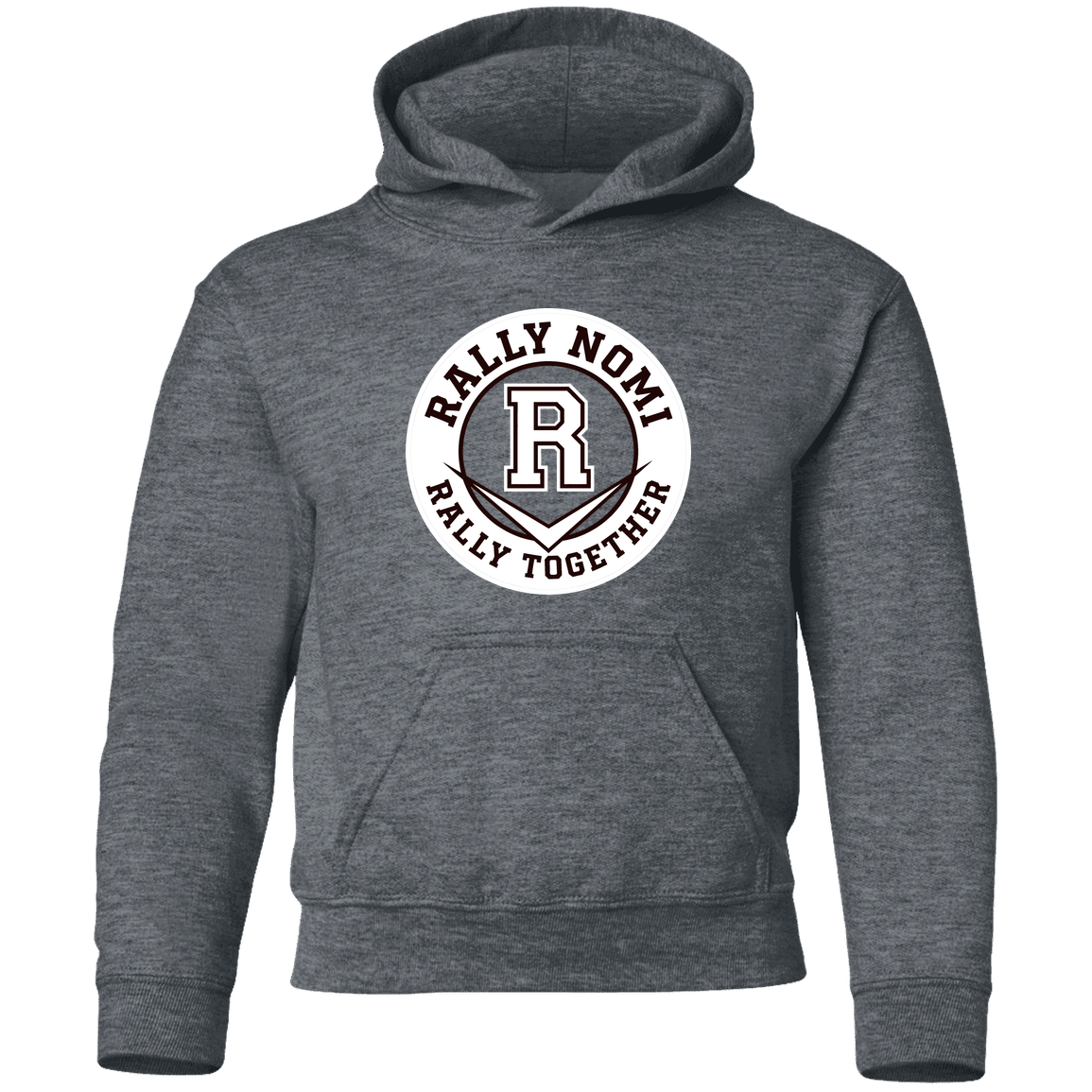 rally-softball-rally-together-circle-white-gildan-youth-pullover-hoodie — Dark Heather — Front — source sha256 d2b0ae8486450197e784a907571d571202aeab276b56c6b96f286e26ce5d1d40 — Color position 2