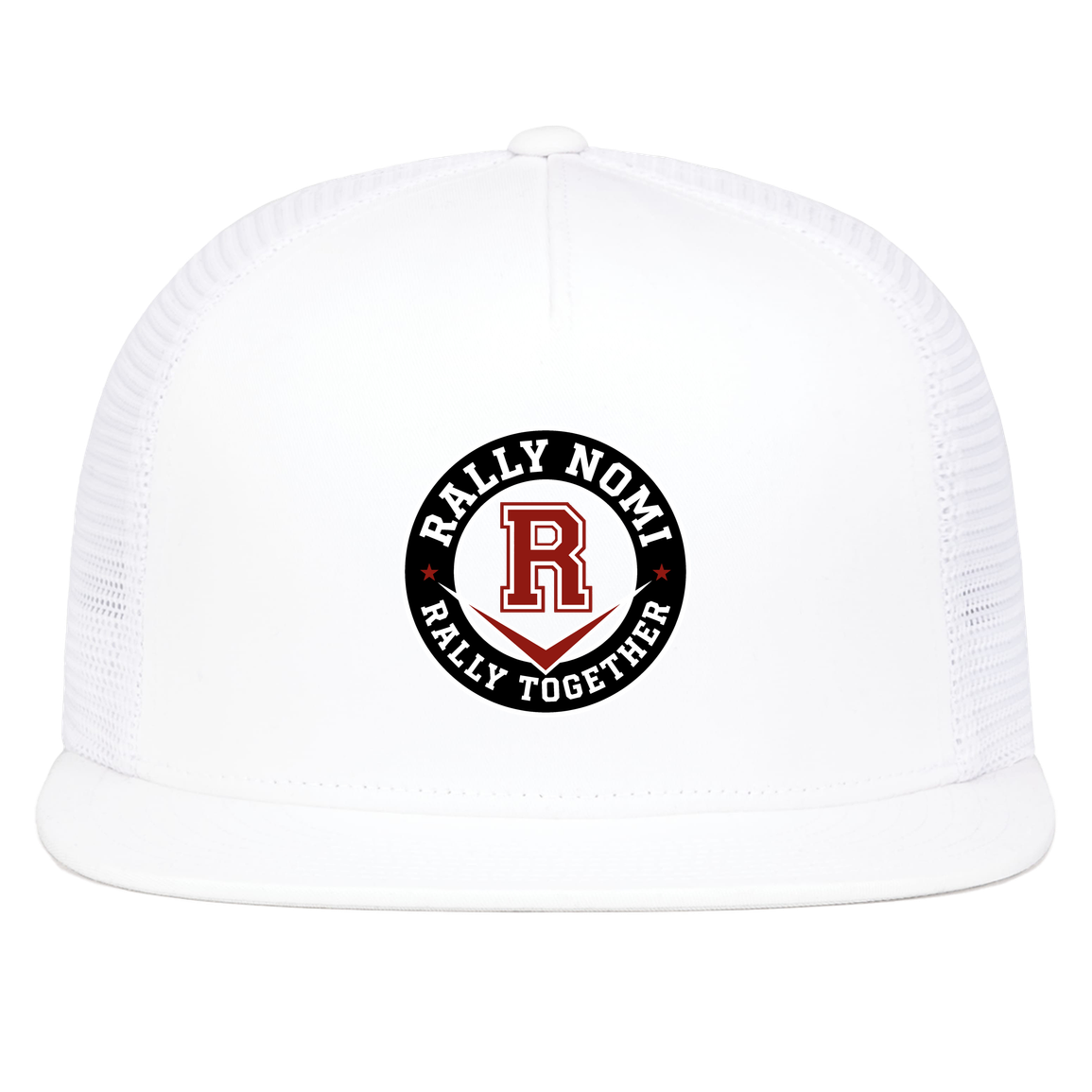 rally-softball-rally-together-circle-pacific-headwear-d-series-5-panel-trucker-snapback-cap — White — Front — source sha256 d45217f6c1701a45e62f44558ebd7a8c67dc7ef848cad8fcc30b2f6847204b5a — Color position 5