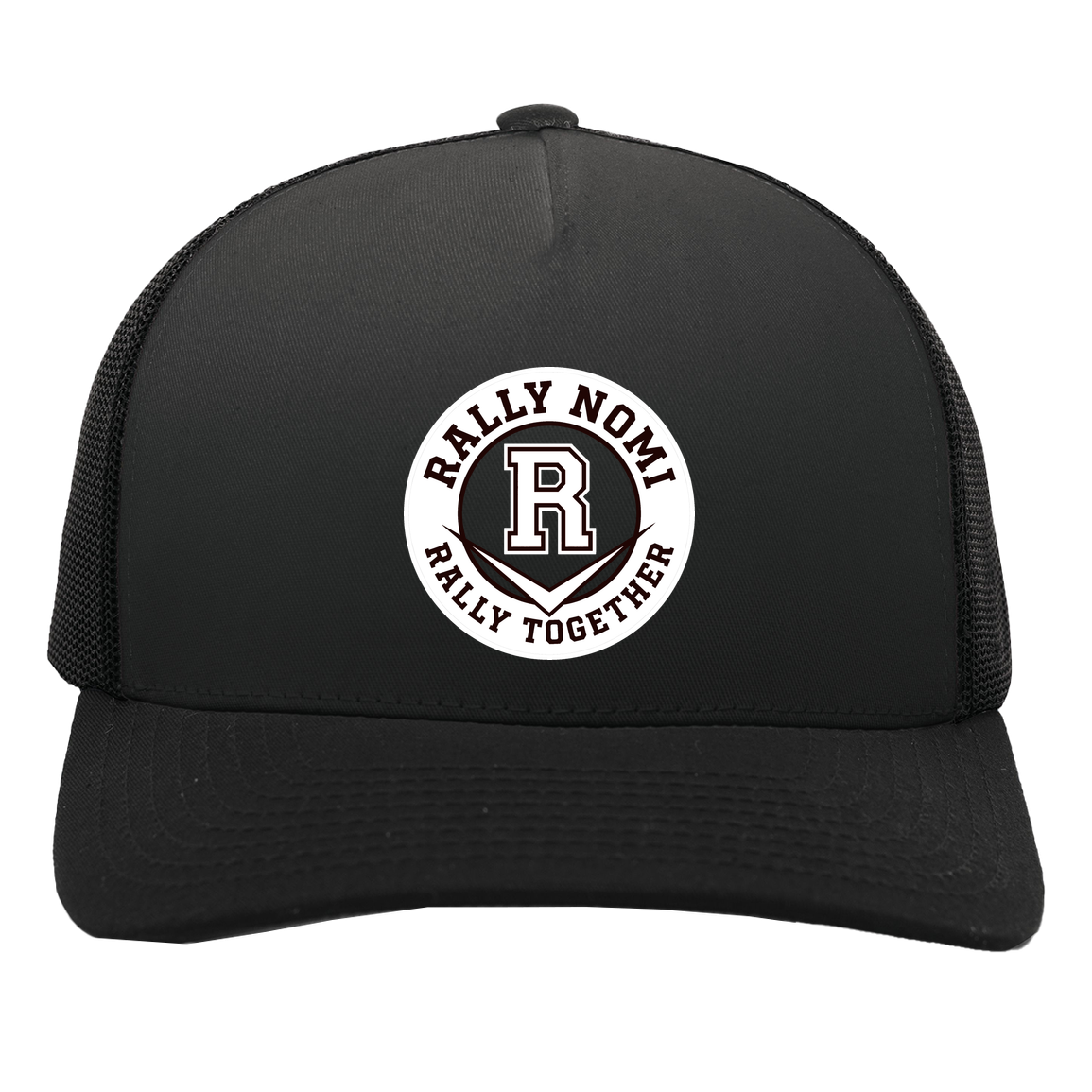 rally-softball-rally-together-circle-white-pacific-headwear-5-panel-trucker-snapback-cap — Black/Black — Front — source sha256 d816711af6f03e1f8f343aa3e9edd21d77f40717ec63cc6c5e6e466ec88b3103 — Color position 2