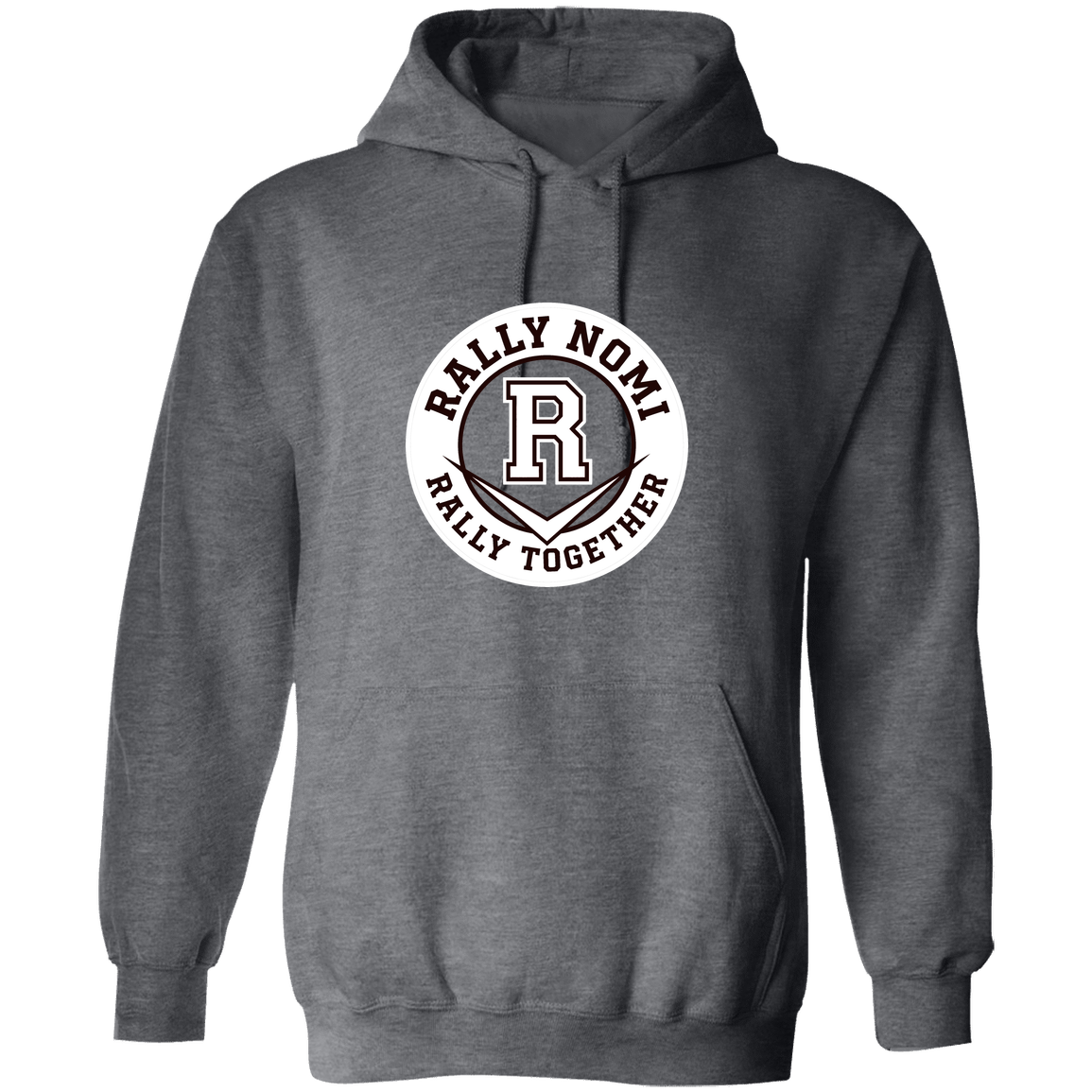 rally-softball-rally-together-circle-white-gildan-pullover-hoodie — Dark Heather — Front — source sha256 dd84d5e3352d020815bef89709b33121a1fea02f6fc21b3b1899faaa93f1a5f7 — Color position 2