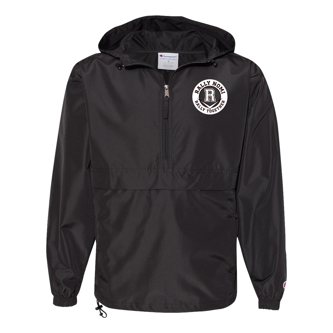 rally-softball-rally-together-circle-white-champion-unisex-packable-anorak-jacket — Black — Front — source sha256 ec9b6e1a8c76782b0d66736cc1e45ad60d1bd7b60ffb161164cbbd7889f65d26 — Color position 1