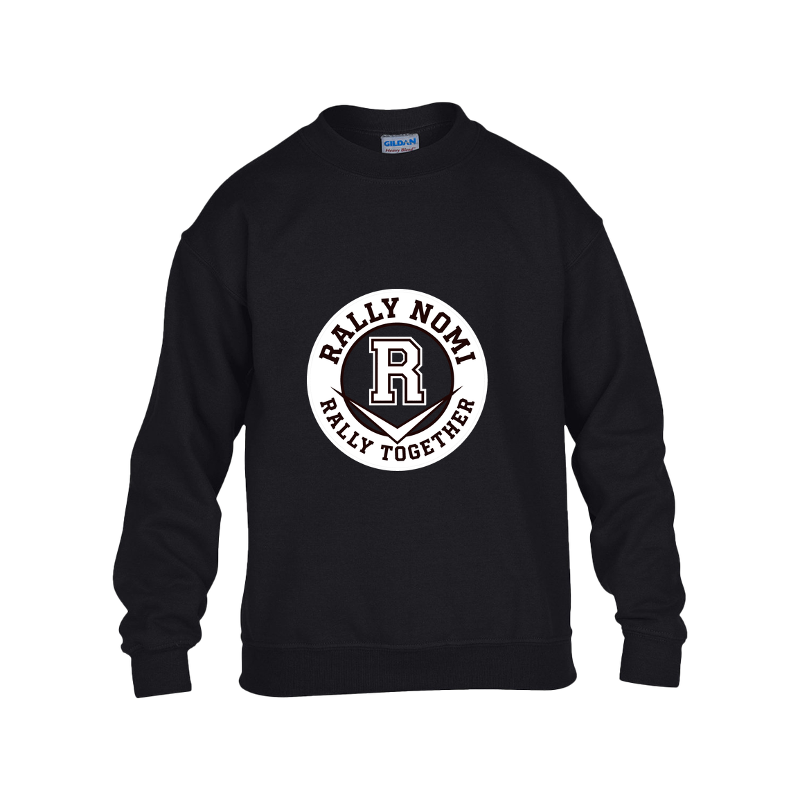 rally-softball-rally-together-circle-white-gildan-kids-heavy-blend-fleece-crew — Black — Front — source sha256 f370129f222123072911dff53a3e58a233403643b8d24a4dfdcc0a7f52bdbaa0 — Color position 1