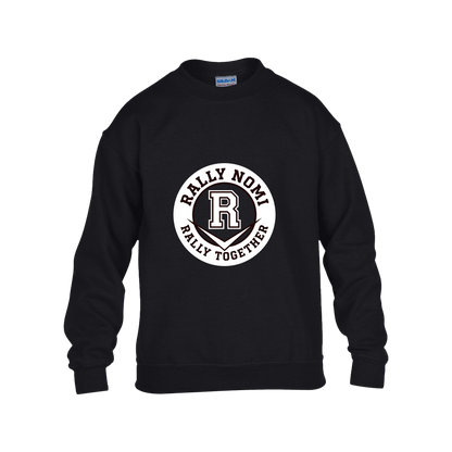 rally-softball-rally-together-circle-white-gildan-kids-heavy-blend-fleece-crew — Black — Front — source sha256 f370129f222123072911dff53a3e58a233403643b8d24a4dfdcc0a7f52bdbaa0 — Color position 1