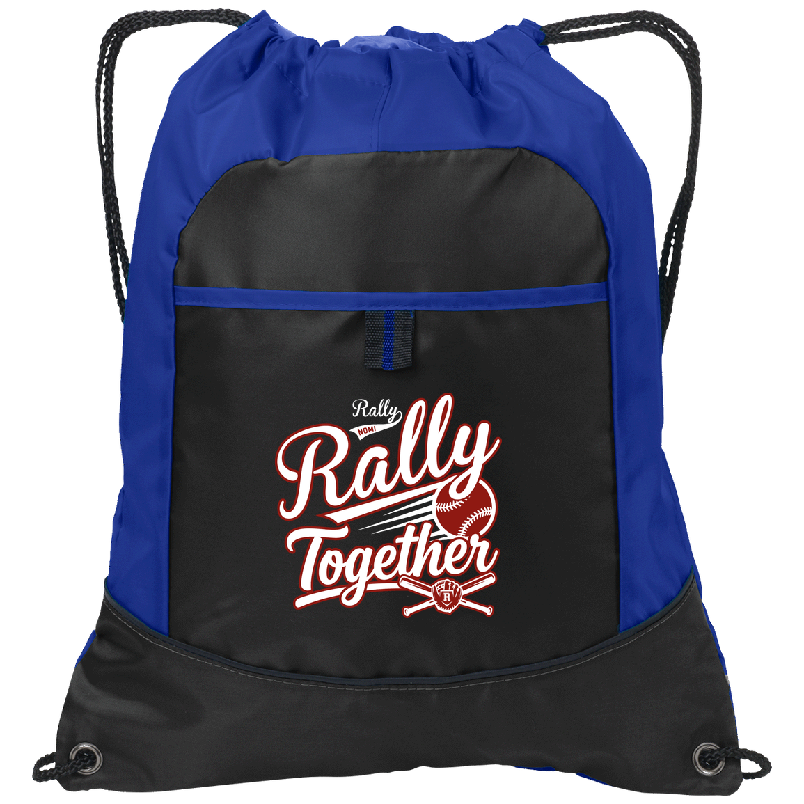 rally-softball-rally-together-white-port-authority-pocket-cinch-pack — Black/Hyper Blue — Front — source sha256 dbb7ee6b2545b6c30c0a0f55f3639a1ccfa6832bebcfae0f32e992711c57da84 — Color position 2