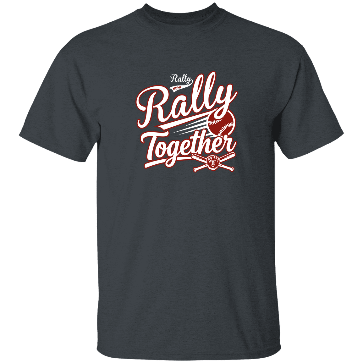 rally-softball-rally-together-white-gildan-5-3-oz-t-shirt — Dark Heather — Front — source sha256 e6299465a0acb470eae521817afb765598bb9e68aefb90a4d50f7615948c4262 — Color position 2