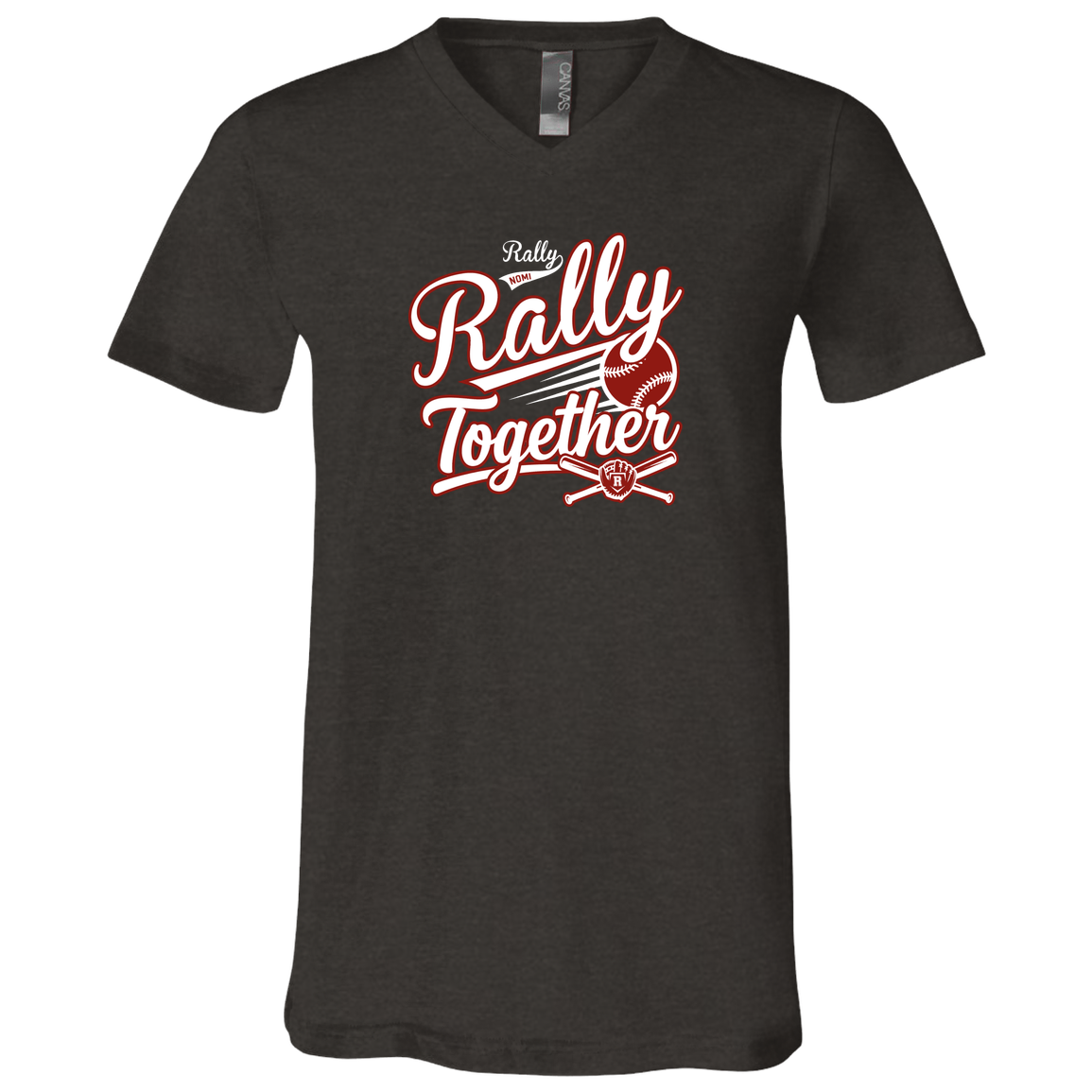 rally-softball-rally-together-white-bella-canvas-unisex-jersey-ss-v-neck-t-shirt — Dark Grey Heather — Front — source sha256 e7766d3ebdb2489ba936bbabeccdf9cd49924b183ab736118e78a7b2053e8684 — Color position 2