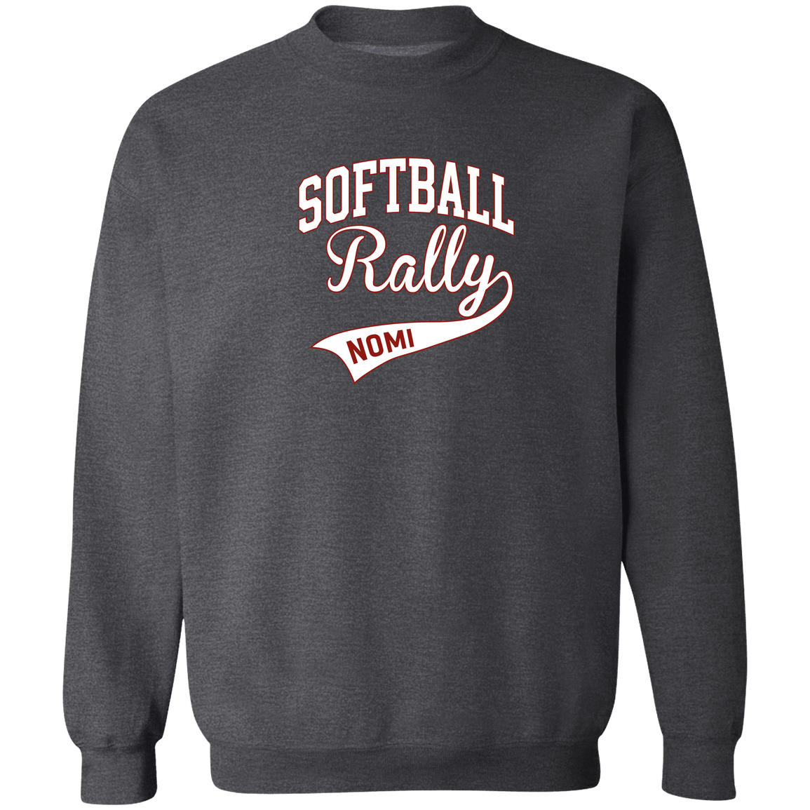rally-softball-softball-rally-signature-white-gildan-crewneck-pullover-sweatshirt — Dark Heather — Front — source sha256 219f04dbb9148b7f235f3981282d4ee02e4e230505672e33c1bf8239c85555c3 — Color position 3