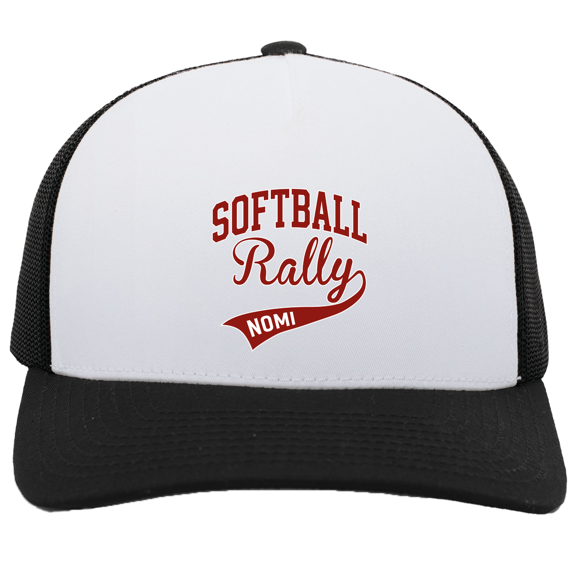 rally-softball-softball-rally-signature-pacific-headwear-5-panel-trucker-snapback-cap — White/Black — Front — source sha256 4b65f317e59f8b9413e06885ce03bbb2103e58f4cea1adb89384aab6239acfd7 — Color position 2