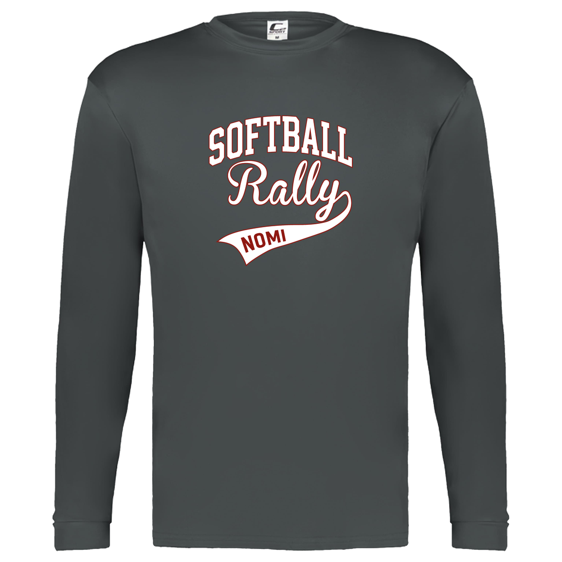 rally-softball-softball-rally-signature-white-c2-kids-performance-long-sleeve-tee — Graphite — Front — source sha256 6f9062aa9ca45010fe341938dd6813a03f7f21bd69c631ed2607af559debd1f1 — Color position 2