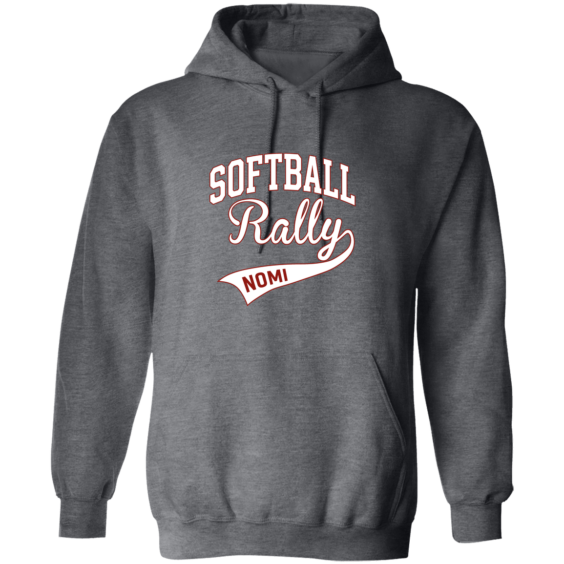 rally-softball-softball-rally-signature-white-gildan-pullover-hoodie — Dark Heather — Front — source sha256 7db21de116d0eba3271392c94bc5ed63177877deca5d41f0a4155cba52d56b99 — Color position 3