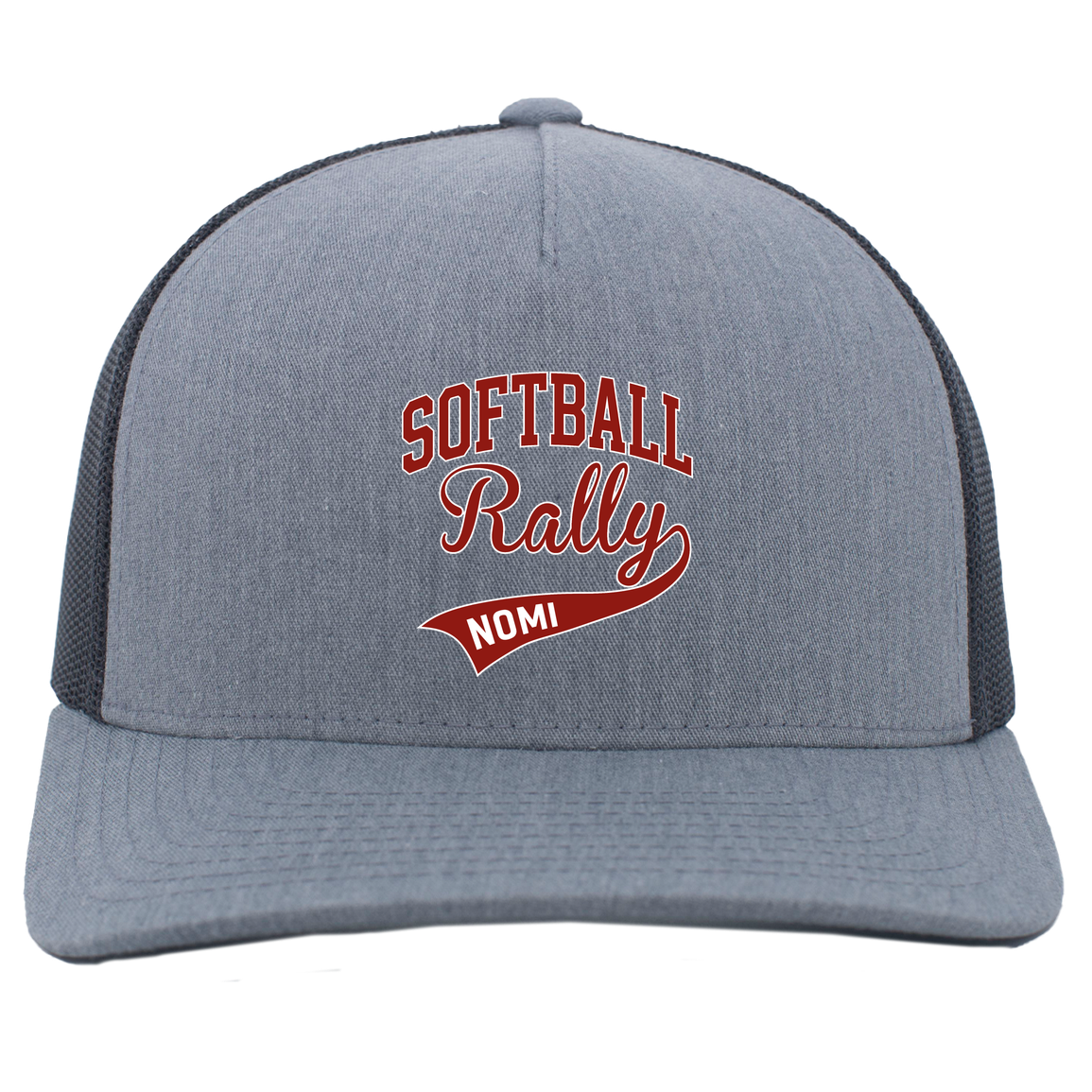 rally-softball-softball-rally-signature-pacific-headwear-5-panel-trucker-snapback-cap — Heather Grey/Light Charcoal — Front — source sha256 b9536a7102f95444917a0e121fa330f8535e0fccd8446a3540c4534d9587c84a — Color position 1