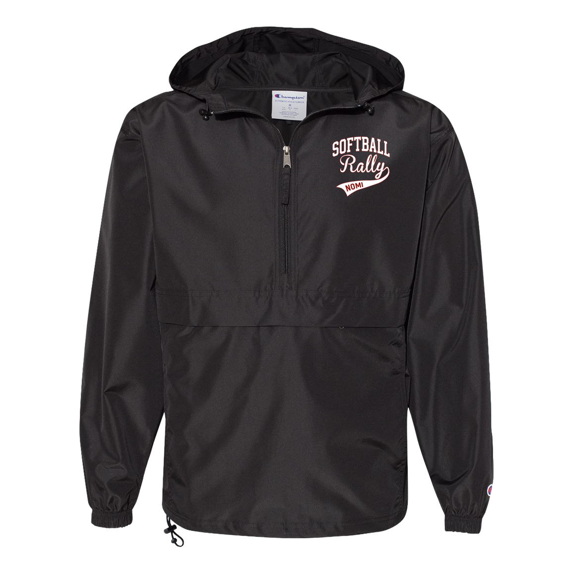 rally-softball-softball-rally-signature-white-champion-unisex-packable-anorak-jacket — Black — Front — source sha256 e958f0191e7fd0e737d72be07f731dd1fea2a2d55a400bd60801b0c2924fd2a7 — Color position 1