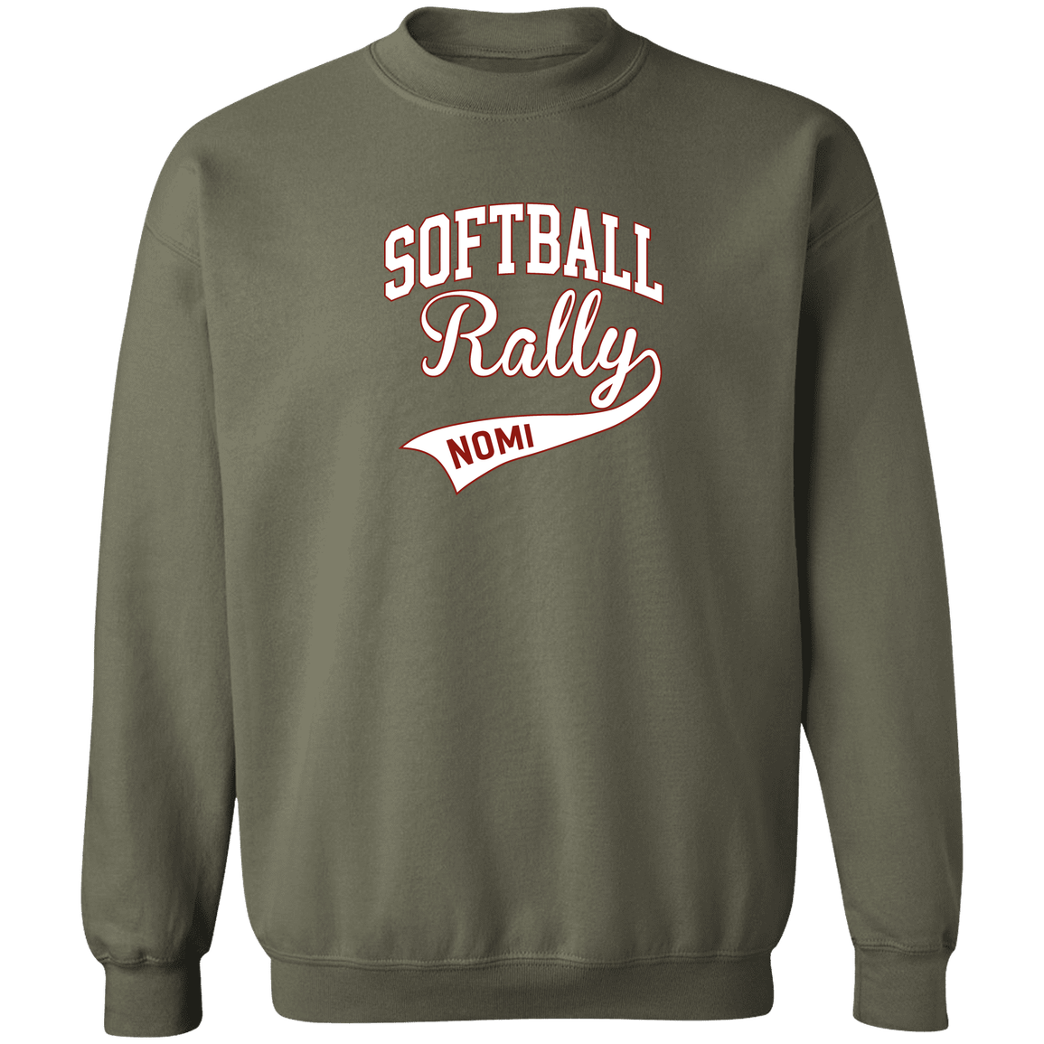 rally-softball-softball-rally-signature-white-gildan-crewneck-pullover-sweatshirt — Military Green — Front — source sha256 ffba51c8d2e1f03e7d910a029daac7fbab025bf0d83e39240b9e5113ee1ab195 — Color position 2