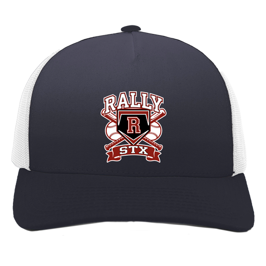 rally-stx-bold-mascot-pacific-headwear-5-panel-trucker-snapback-cap — Navy/White — Front — source sha256 0085939137a6e441ffac56cfad4c86338cf32a596b61ce1c602d5bf754709e3b — Color position 1