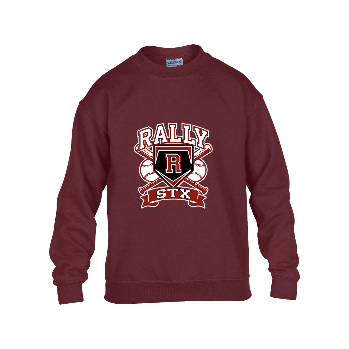 rally-stx-bold-mascot-gildan-kids-heavy-blend-fleece-crew — Maroon — Front — source sha256 0657a5595a8516e7cede70fd9426c7697e8ced359d12163ddc8a8ef2f9098e2b — Color position 5