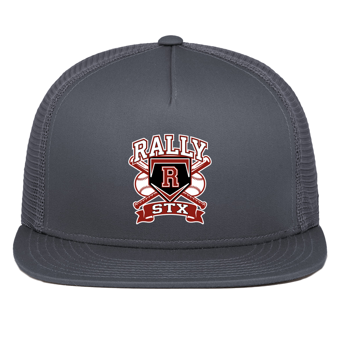 rally-stx-bold-mascot-pacific-headwear-d-series-5-panel-trucker-snapback-cap — Graphite — Front — source sha256 1729f6f9e831ba8b6c8ca43810ba94d6d1df70426127b51918d2773a5bd21891 — Color position 3