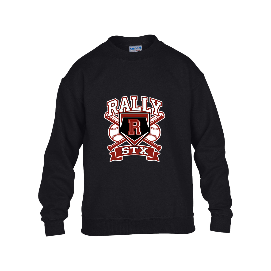 rally-stx-bold-mascot-gildan-kids-heavy-blend-fleece-crew — Black — Front — source sha256 28fd56d4f7f3a7f400f69015e02efa47ea14fbc5977a81cc341c167f6a6e7c63 — Color position 1