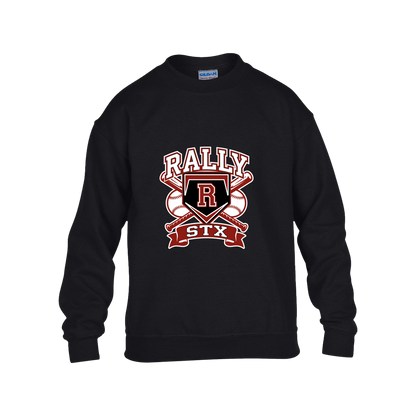 rally-stx-bold-mascot-gildan-kids-heavy-blend-fleece-crew — Black — Front — source sha256 28fd56d4f7f3a7f400f69015e02efa47ea14fbc5977a81cc341c167f6a6e7c63 — Color position 1