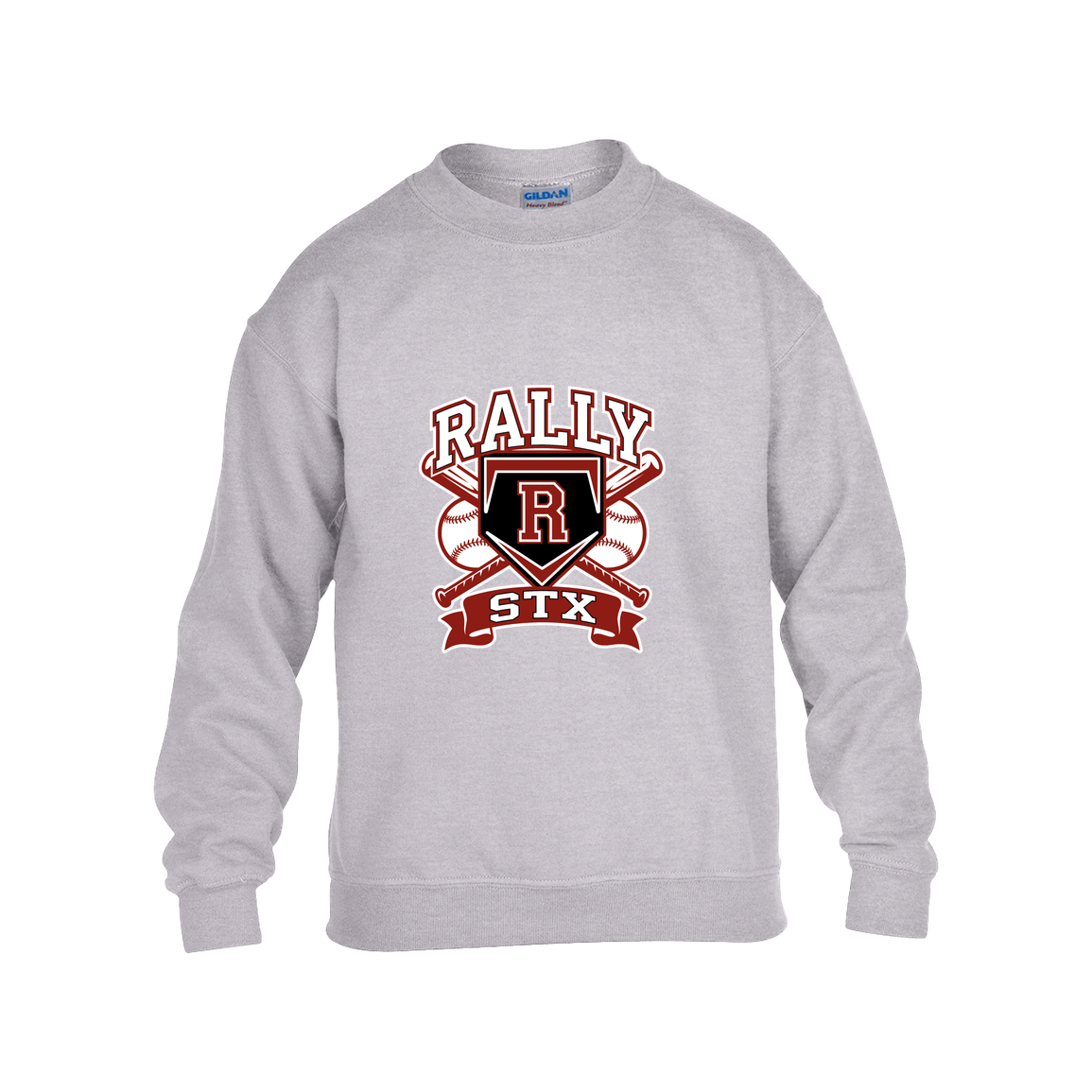 rally-stx-bold-mascot-gildan-kids-heavy-blend-fleece-crew — Grey — Front — source sha256 3fe3f0c2ff7a5ff5b489b97b8c7902e76dad6307a0734e3611d5a20b7d326f9b — Color position 3