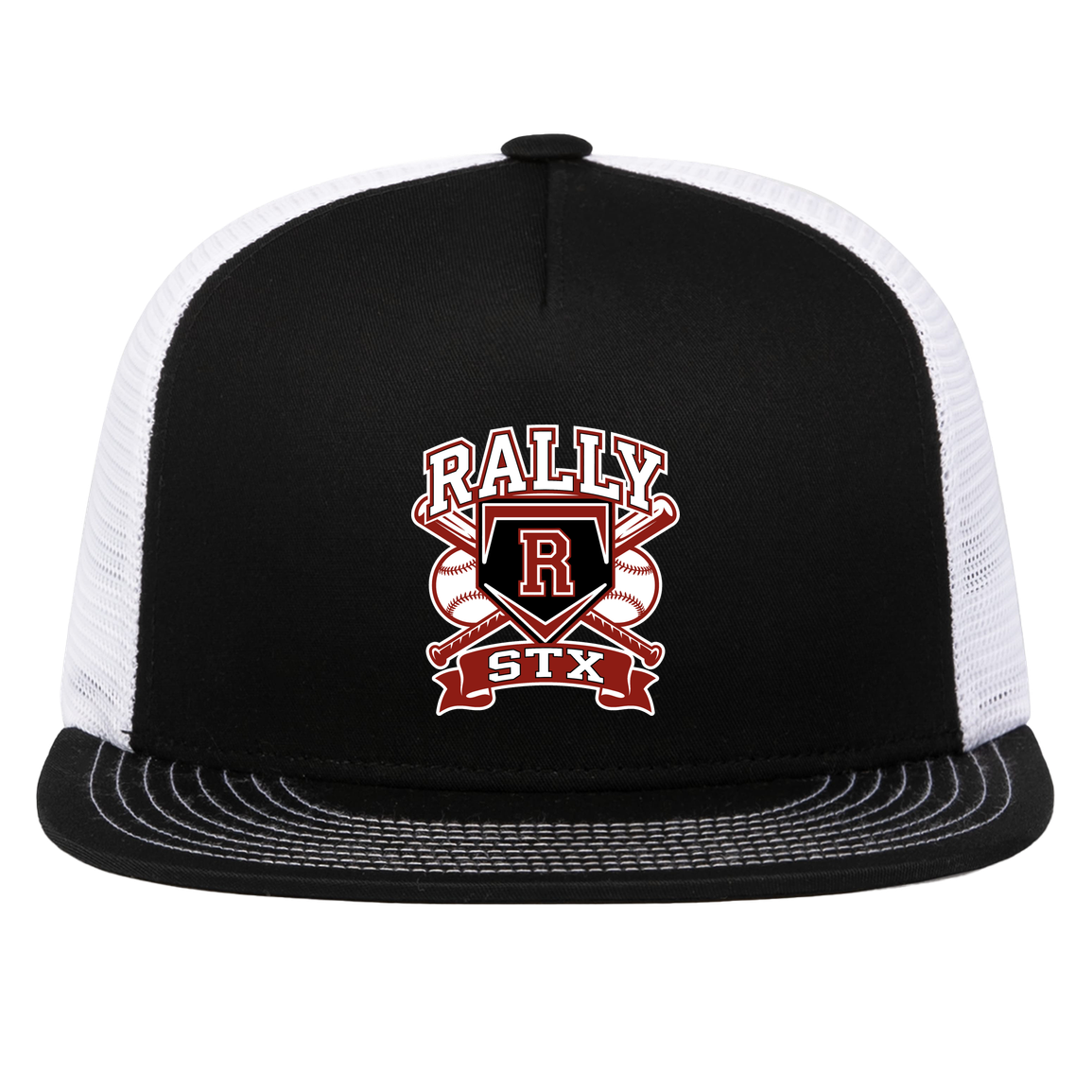 rally-stx-bold-mascot-pacific-headwear-d-series-5-panel-trucker-snapback-cap — Black/White — Front — source sha256 4aa6ae545ca4a562ea07cd9dfddf1f5e9736fc2ad8af0fd8d35e8b88bc3be1c6 — Color position 2