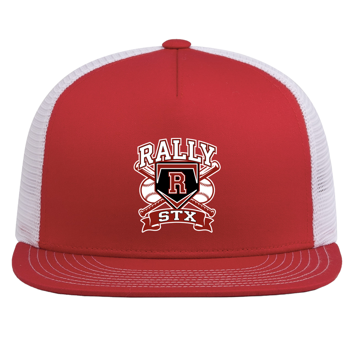 rally-stx-bold-mascot-pacific-headwear-d-series-5-panel-trucker-snapback-cap — Red/White — Front — source sha256 550a987beb63e23cc3623a7eabd875a6152641b8684f034e3877abc7cf222fe2 — Color position 6