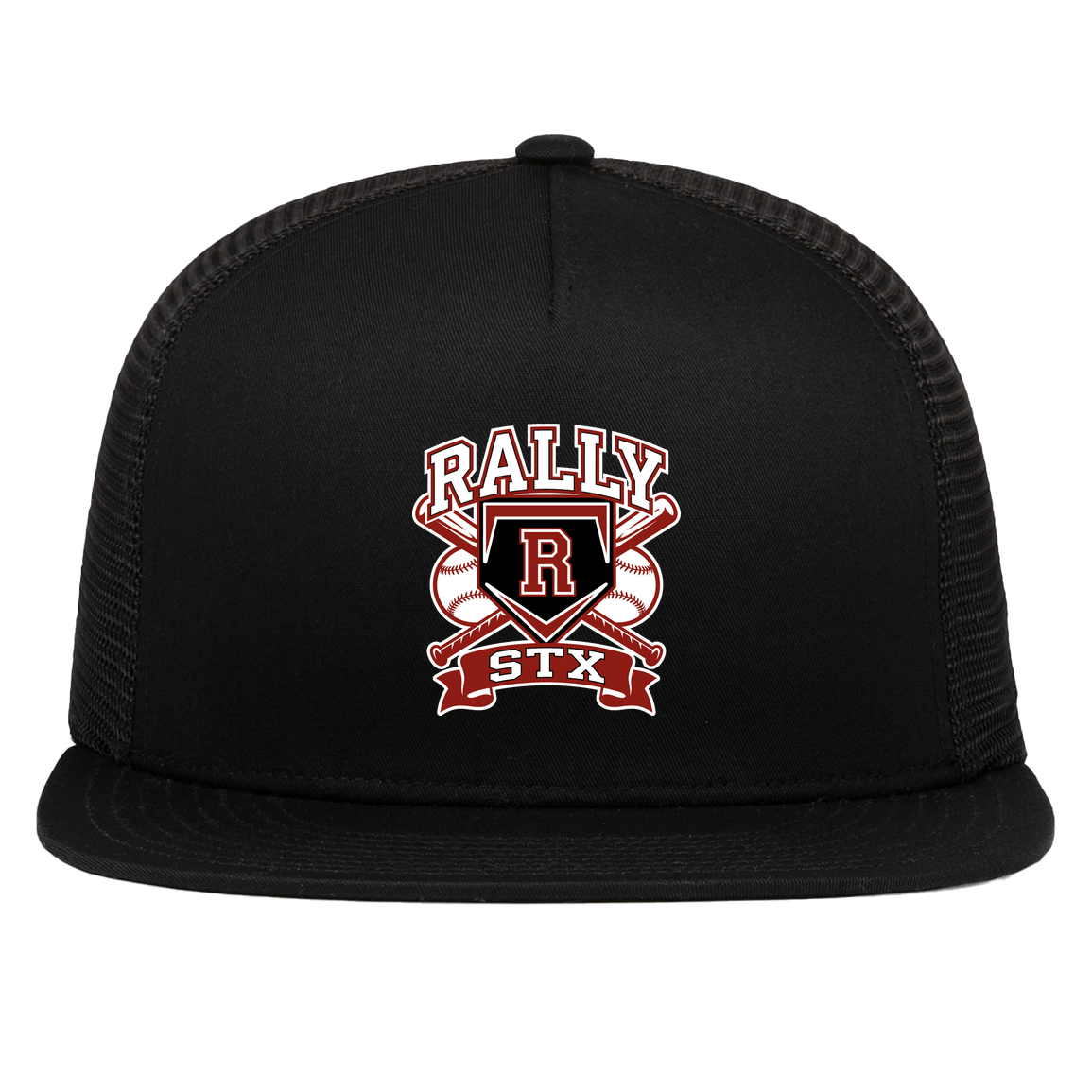 rally-stx-bold-mascot-pacific-headwear-d-series-5-panel-trucker-snapback-cap — Black — Front — source sha256 5f495a05ae820bb28bc0d13ad5169d681c9753cbf1799b5f60d8a624d4047d70 — Color position 1