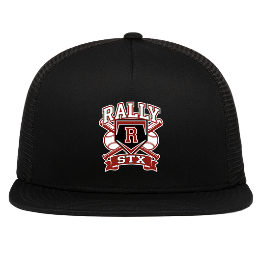 rally-stx-bold-mascot-pacific-headwear-d-series-5-panel-trucker-snapback-cap — Black — Front — source sha256 5f495a05ae820bb28bc0d13ad5169d681c9753cbf1799b5f60d8a624d4047d70 — Color position 1