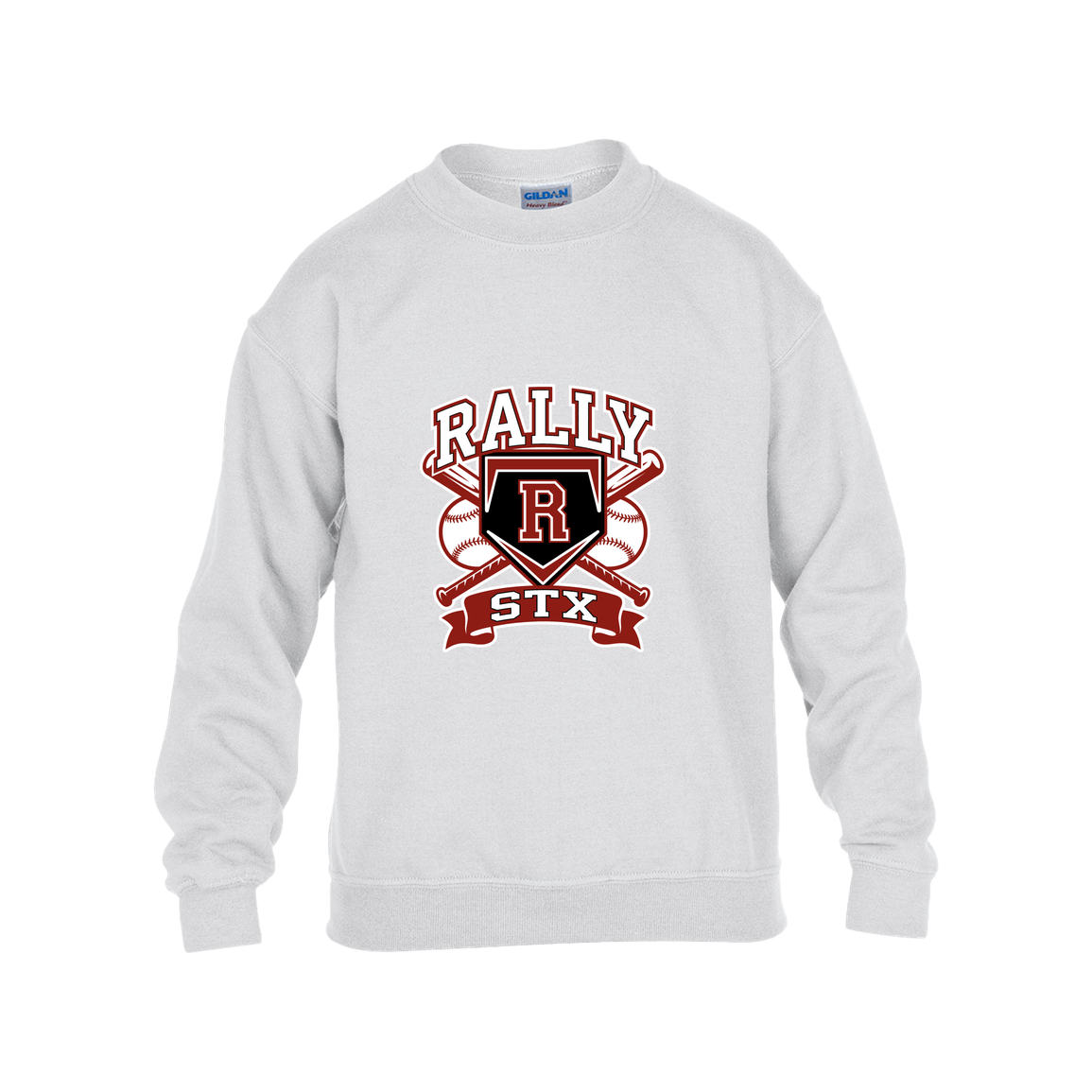 rally-stx-bold-mascot-gildan-kids-heavy-blend-fleece-crew — White — Front — source sha256 6389cd2af44b4e90cfa3268f838dd668424e5fb7005ece30b69bac454f0c0b54 — Color position 4