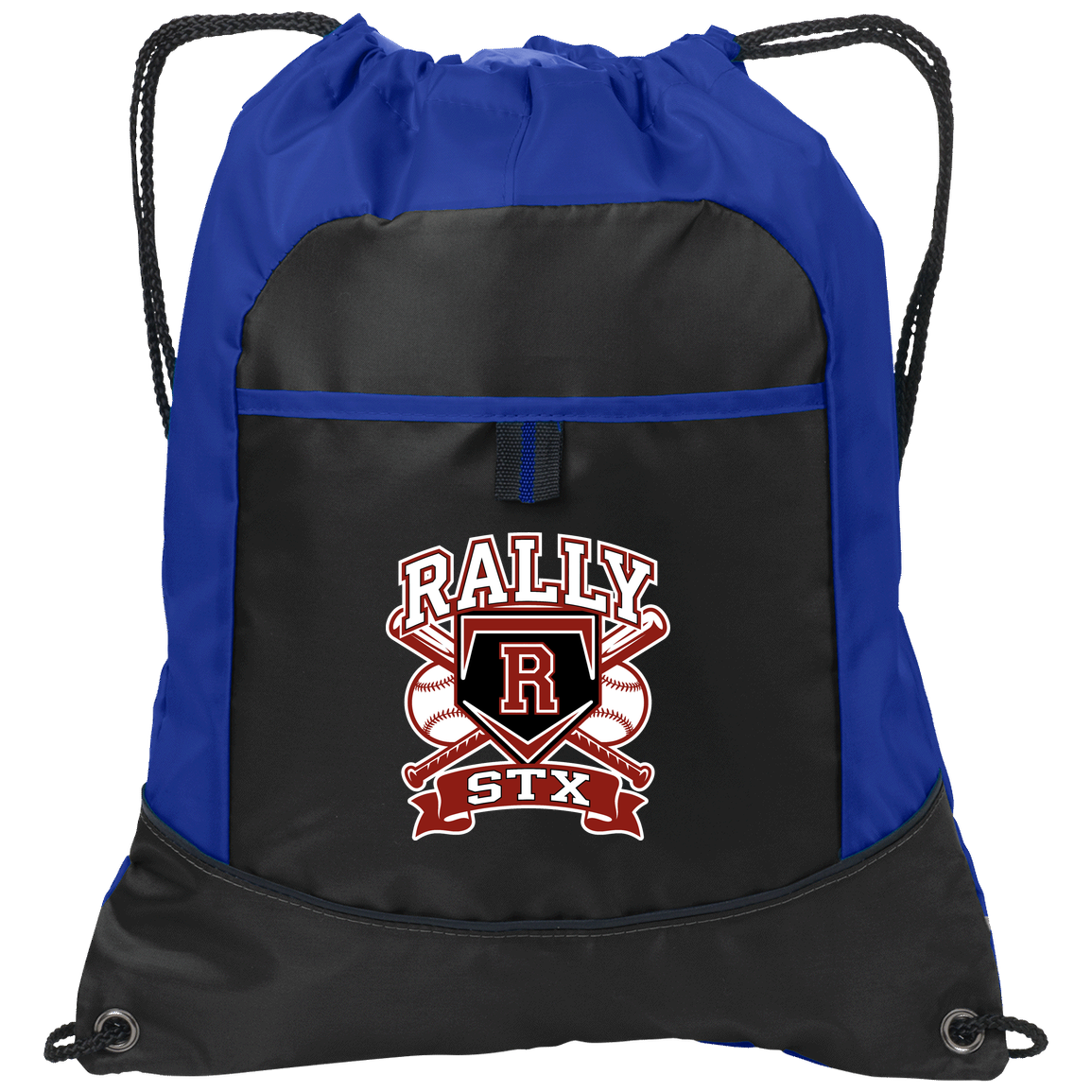 rally-stx-bold-mascot-port-authority-pocket-cinch-pack — Black/Hyper Blue — Front — source sha256 7463588a43b95189cef7d10370f1d5c337a98a17fea159c919f8beb315bf5bb6 — Color position 1